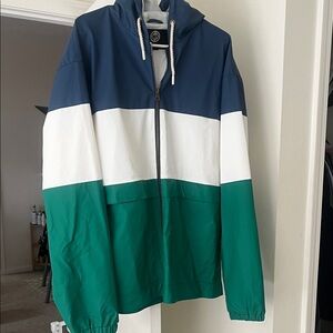 Weatherproof Blue, White, and Green Rain Jacket